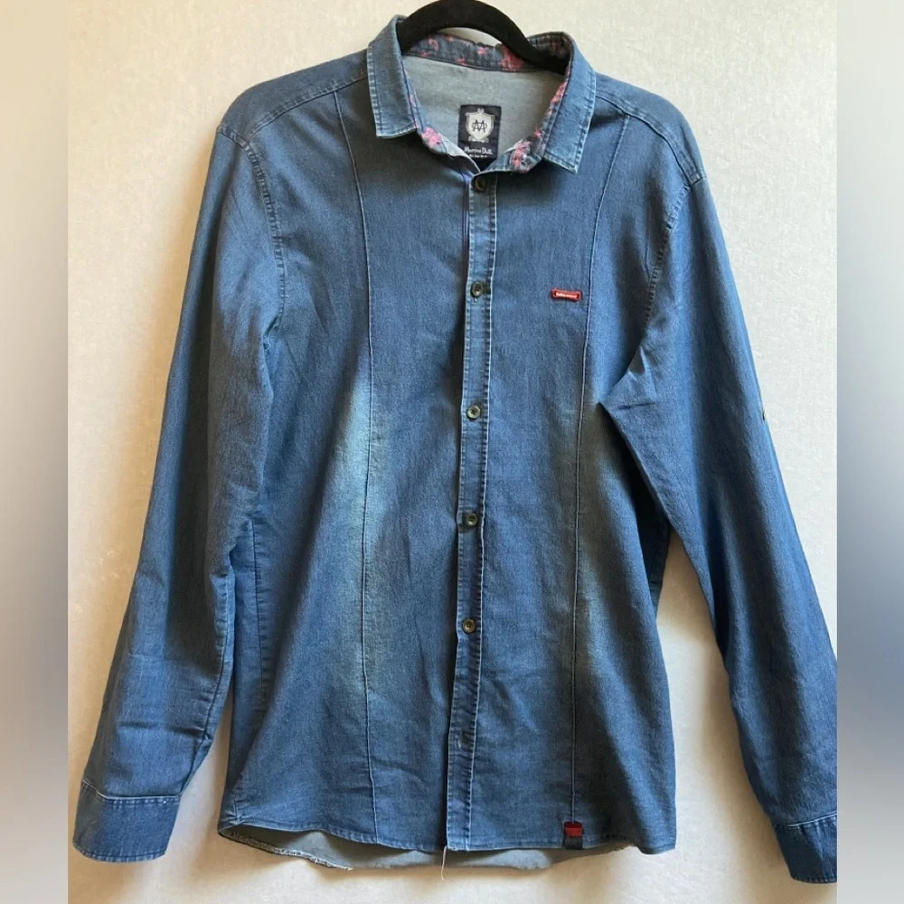 Massimo Dutti Slim Fit Denim Button Down Shirt Floral Collar XXL